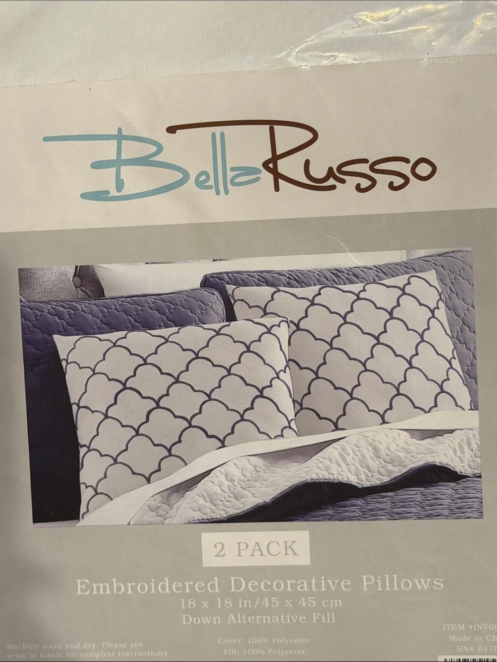 White Decorative Throw Pillow with Black Scallop Embroidery